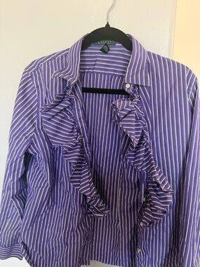 Lauren Ralph Lauren Purple and White Striped Ruffle Button-Down Shirt